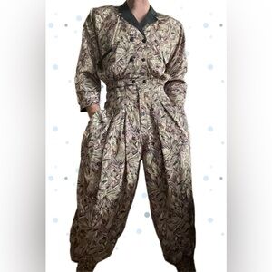 Vintage Kenzo Leaf Print Jumpsuit in Beige and Purple